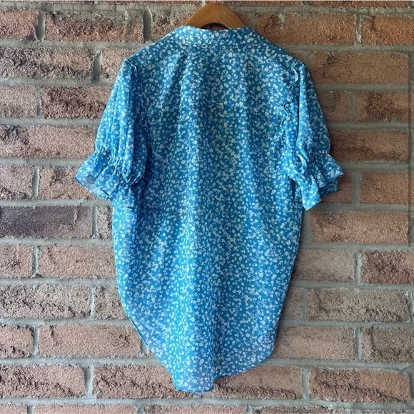 ATELIER INDUSTAIE | Blue floral pocket ruffle puff shirt sleeve button up shirt - Picture 4 of 13